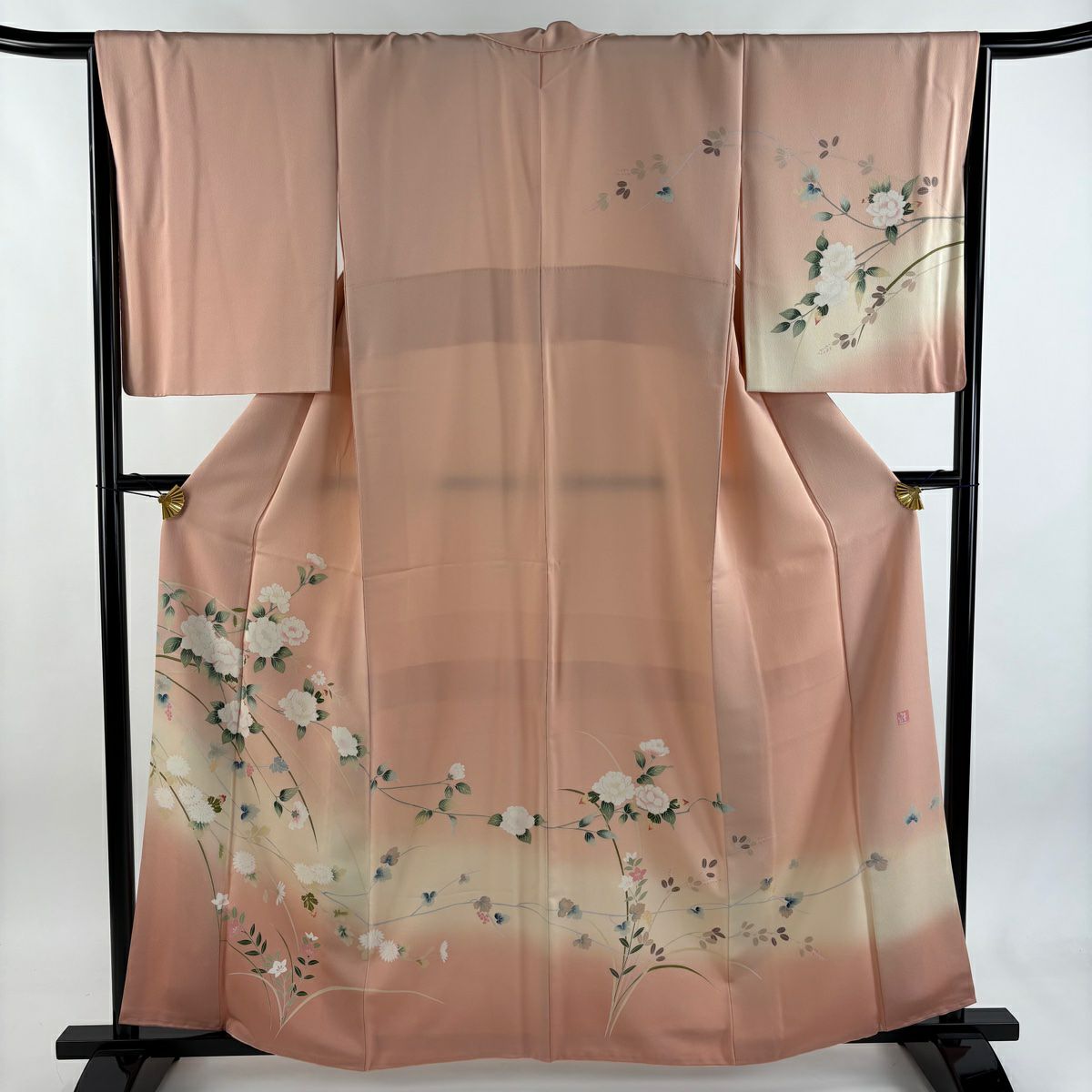 【美品】訪問服 身長160cm 袖長66cm M 雙層 落款あり 枝花 菊花 漸層 粉色 純蠶絲 秀品級