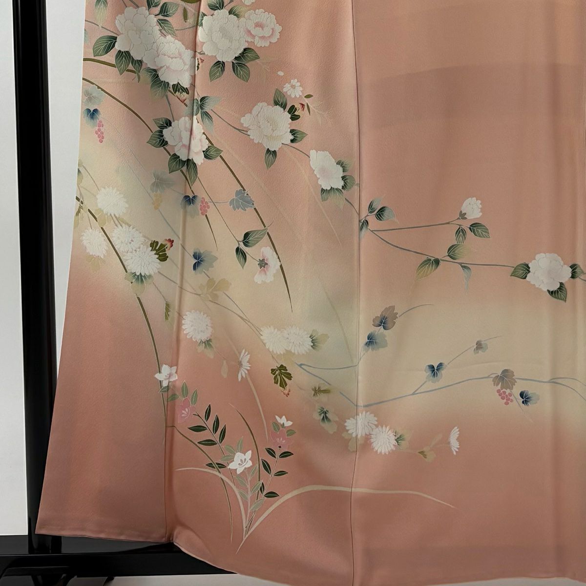 【美品】訪問服 身長160cm 袖長66cm M 雙層 落款あり 枝花 菊花 漸層 粉色 純蠶絲 秀品級