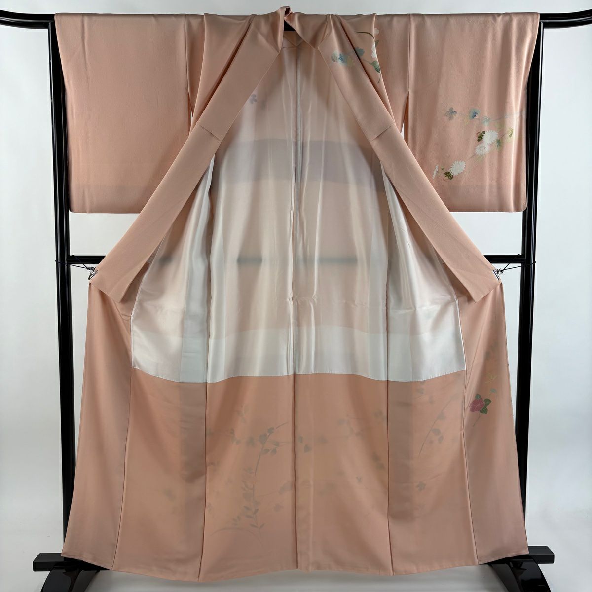【美品】訪問服 身長160cm 袖長66cm M 雙層 落款あり 枝花 菊花 漸層 粉色 純蠶絲 秀品級