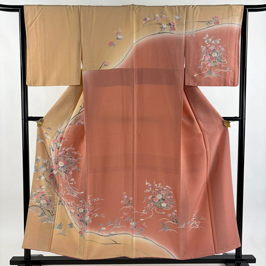 訪問服 身長154cm 袖長63.5cm S 雙層 花籠 橘花 金彩裝飾 染分 薄橙色 純蠶絲 秀品級