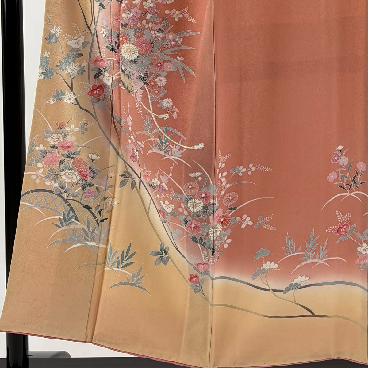 訪問服 身長154cm 袖長63.5cm S 雙層 花籠 橘花 金彩裝飾 染分 薄橙色 純蠶絲 秀品級