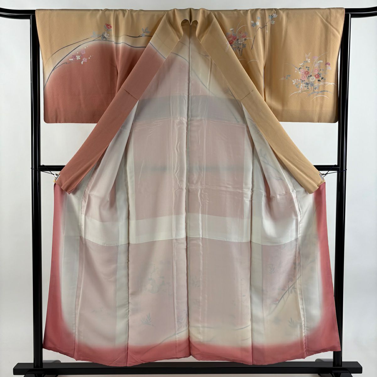 訪問服 身長154cm 袖長63.5cm S 雙層 花籠 橘花 金彩裝飾 染分 薄橙色 純蠶絲 秀品級