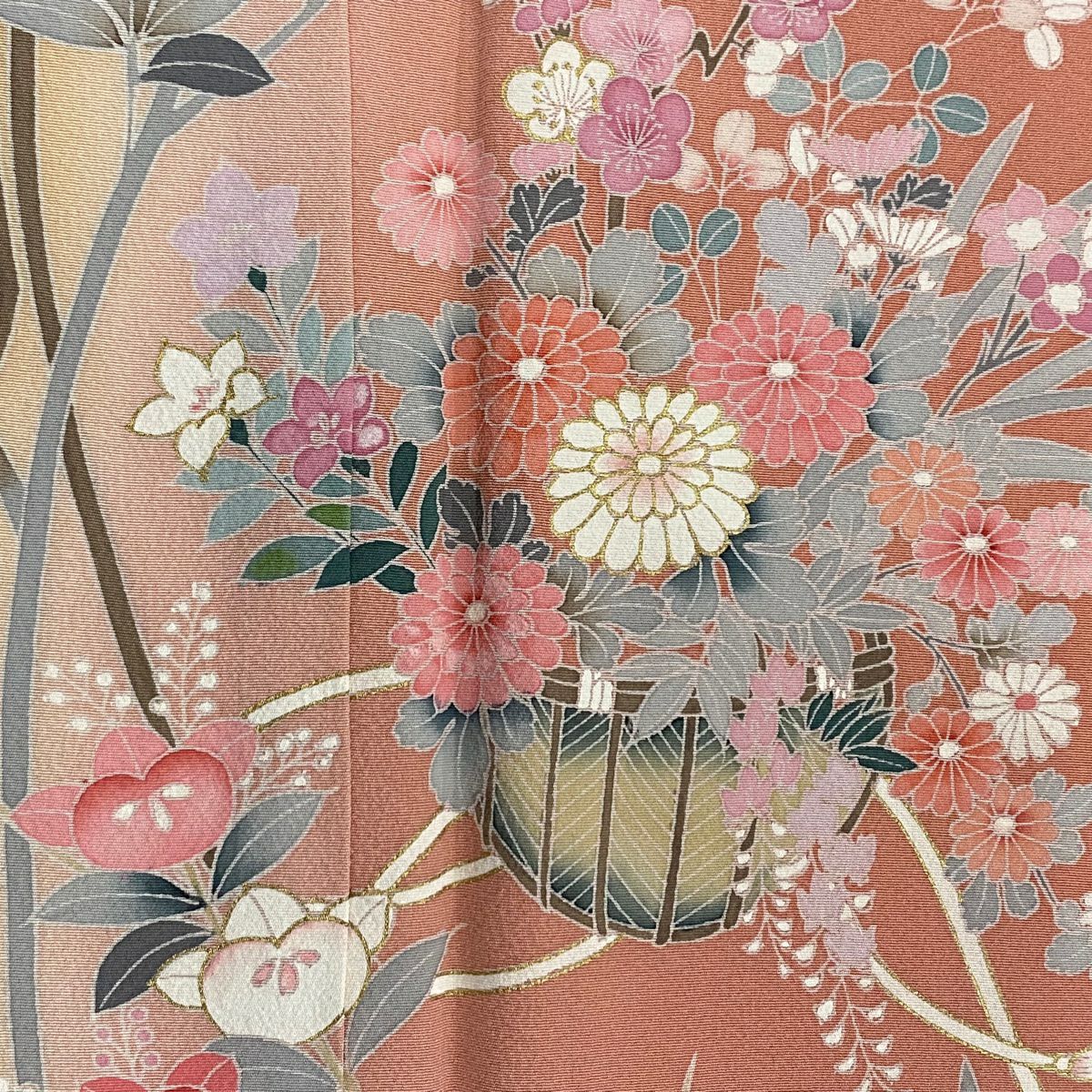 訪問服 身長154cm 袖長63.5cm S 雙層 花籠 橘花 金彩裝飾 染分 薄橙色 純蠶絲 秀品級