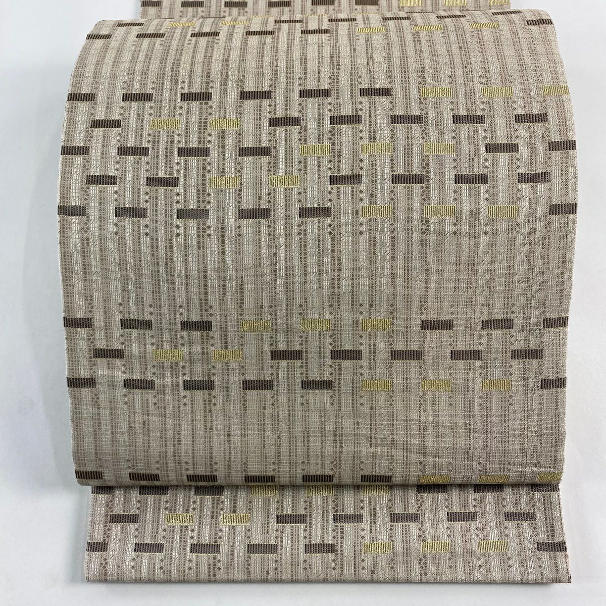【美品】 袋帶 名品級 幾何圖案 條紋 金金箔 淺小豆 全通 純蠶絲