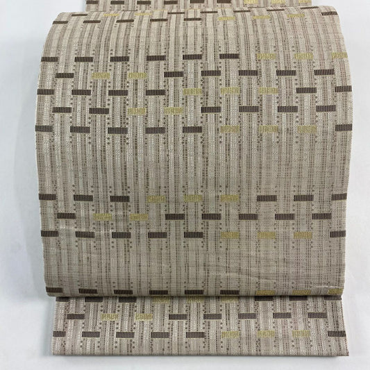 【美品】 袋帶 名品級 幾何圖案 條紋 金金箔 淺小豆 全通 純蠶絲