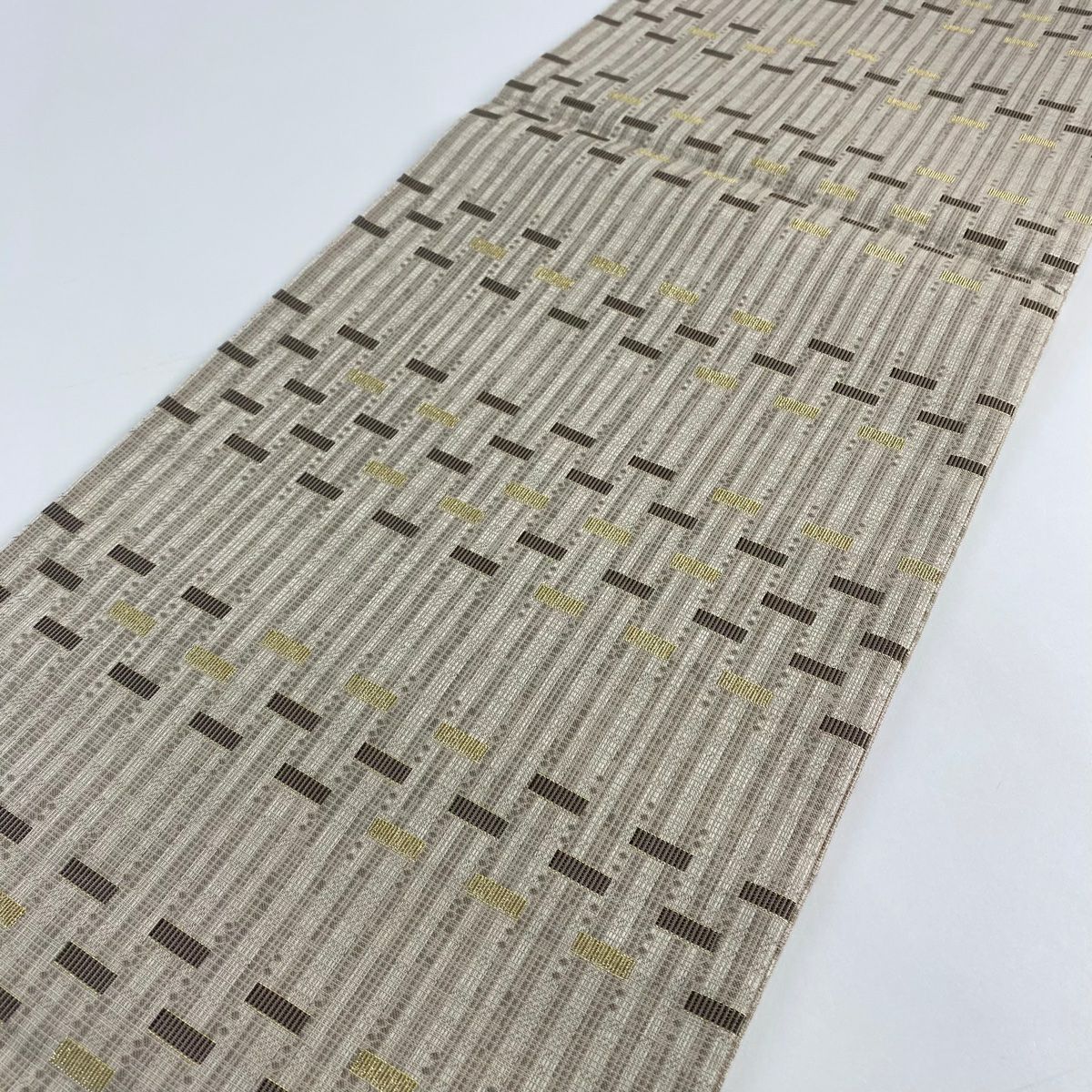 【美品】 袋帶 名品級 幾何圖案 條紋 金金箔 淺小豆 全通 純蠶絲