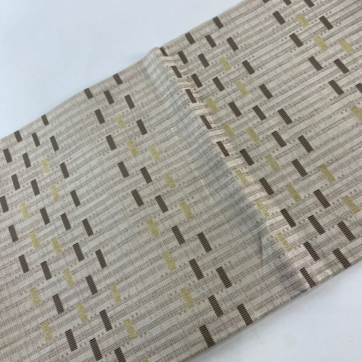 【美品】 袋帶 名品級 幾何圖案 條紋 金金箔 淺小豆 全通 純蠶絲