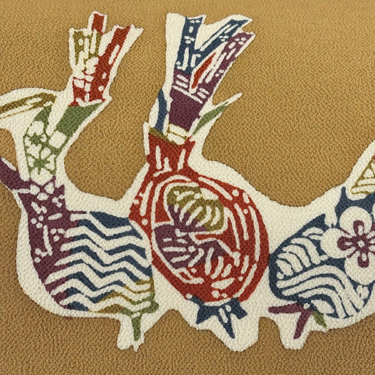 名古屋帶 名品級 生物 野菜 絞織 黃土 純蠶絲