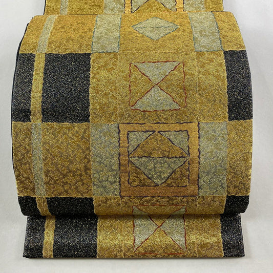 【美品】 袋帶 名品級 幾何圖案 金絲 金金箔 金 六通 純蠶絲