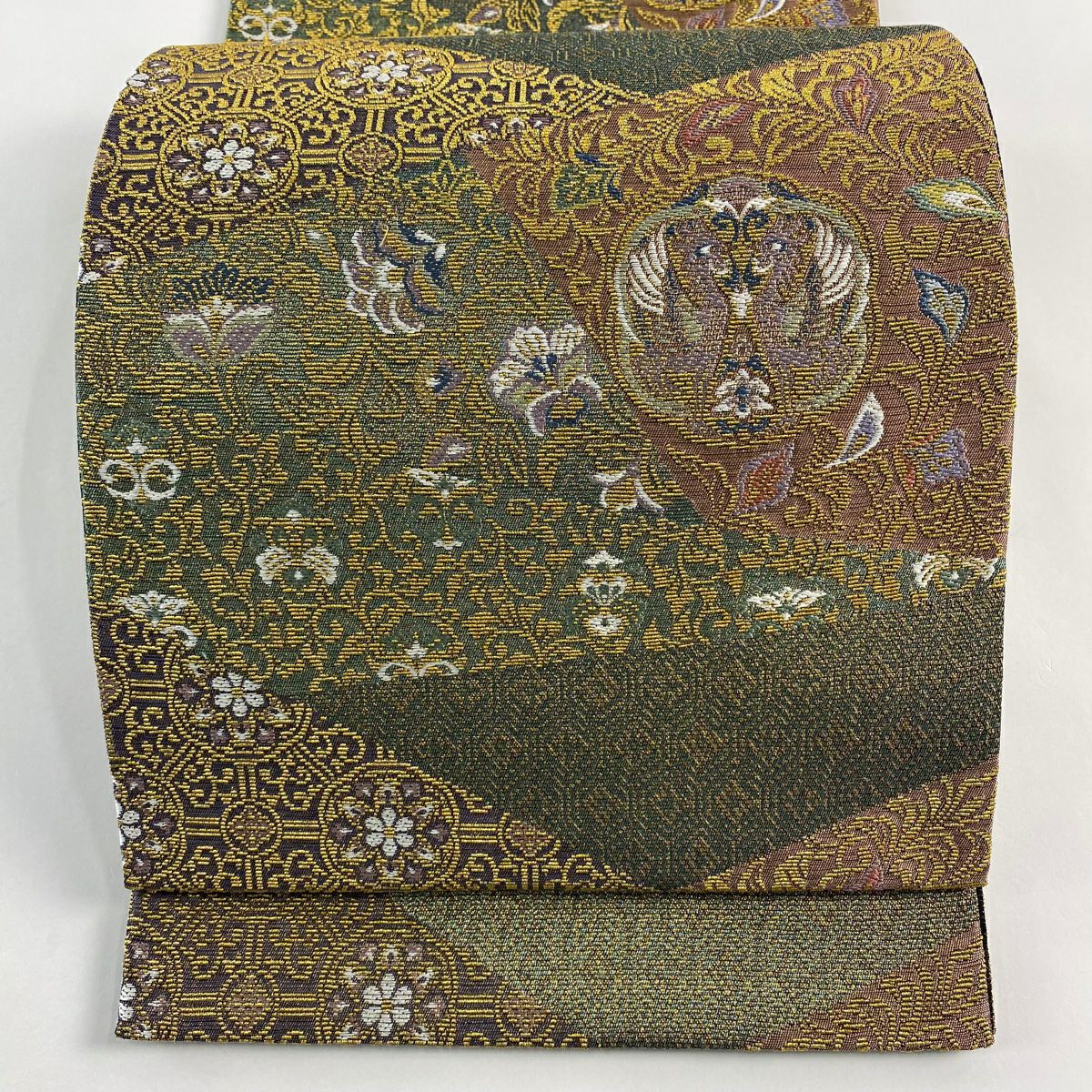 【美品】 袋帶 名品級 西陣工藝帶 向鳥 草花紋紋 金金箔 茶綠 六通 純蠶絲