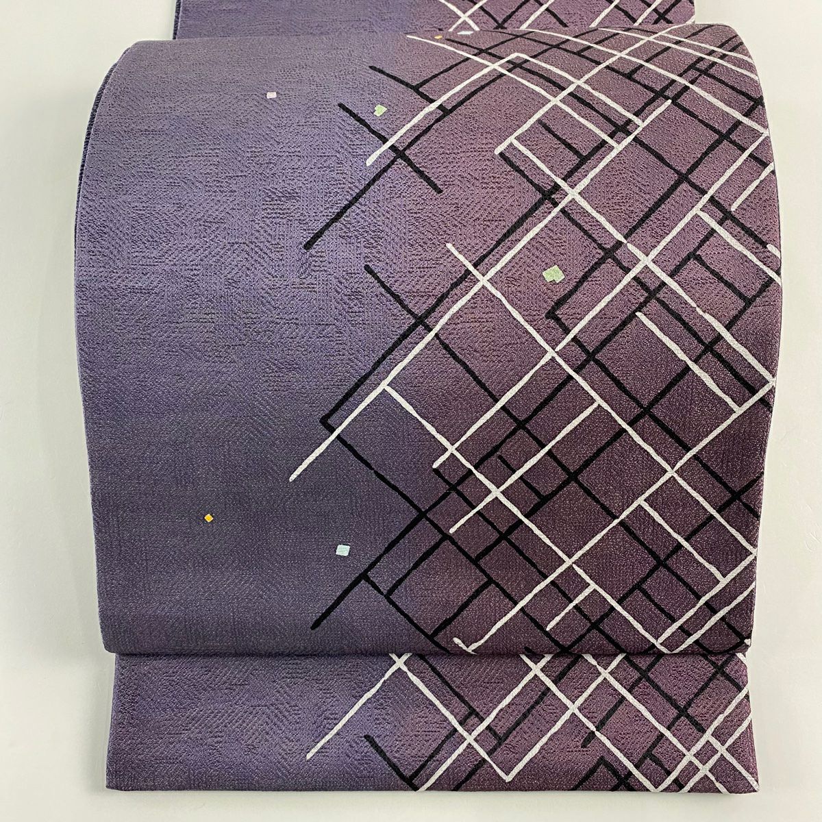 【美品】 袋帶 名品級 幾何學 金金箔散佈 漸層 灰紫 大鼓圖案 純蠶絲