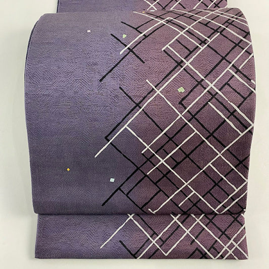 【美品】 袋帶 名品級 幾何學 金金箔散佈 漸層 灰紫 大鼓圖案 純蠶絲