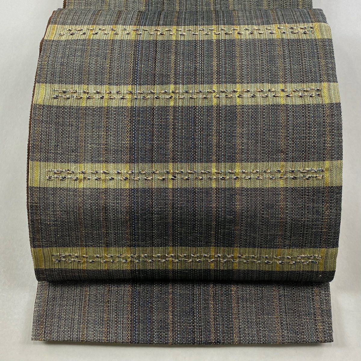 【美品】 袋帶 名品級 段紋 織紋 金絲 灰綠 大鼓圖案 純蠶絲
