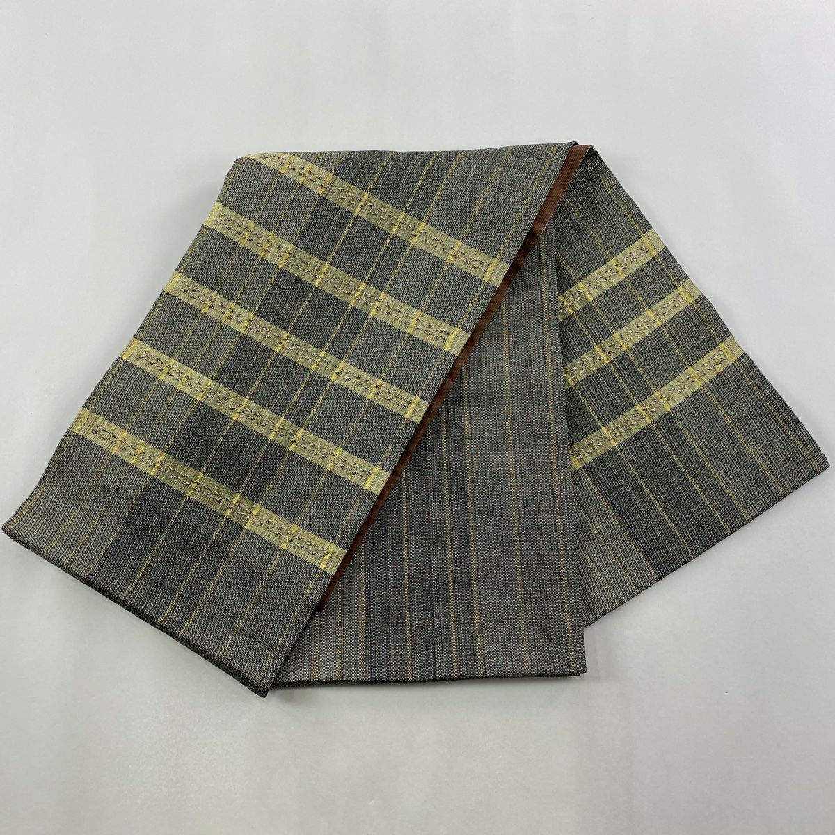 【美品】 袋帶 名品級 段紋 織紋 金絲 灰綠 大鼓圖案 純蠶絲