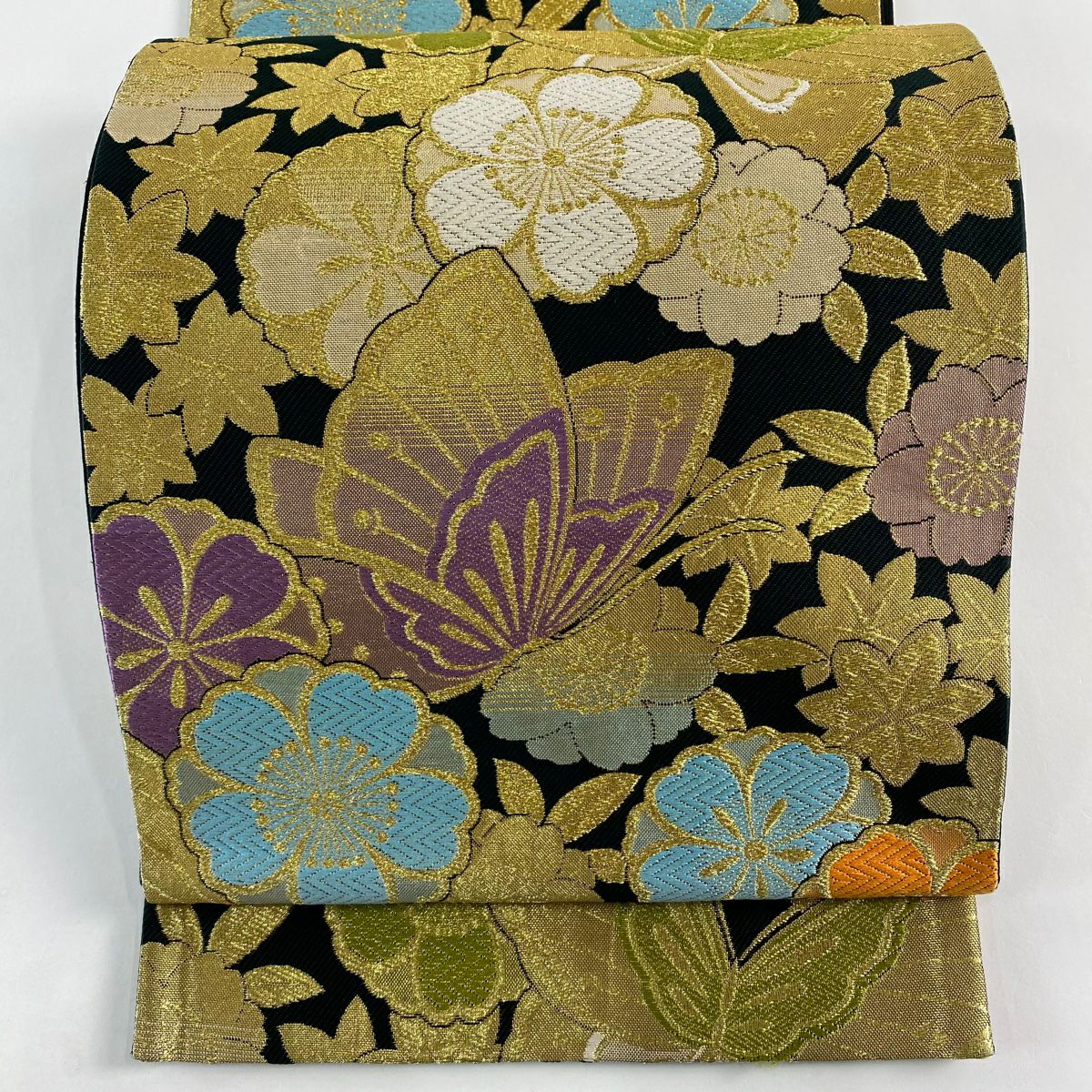 【美品】 袋帶 名品級 蝶 櫻花 金糸 刺繡 黑 六通 純蠶絲