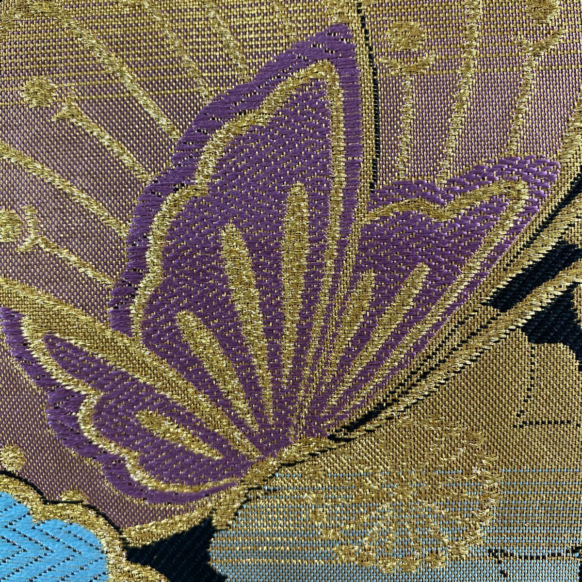 【美品】 袋帶 名品級 蝶 櫻花 金糸 刺繡 黑 六通 純蠶絲