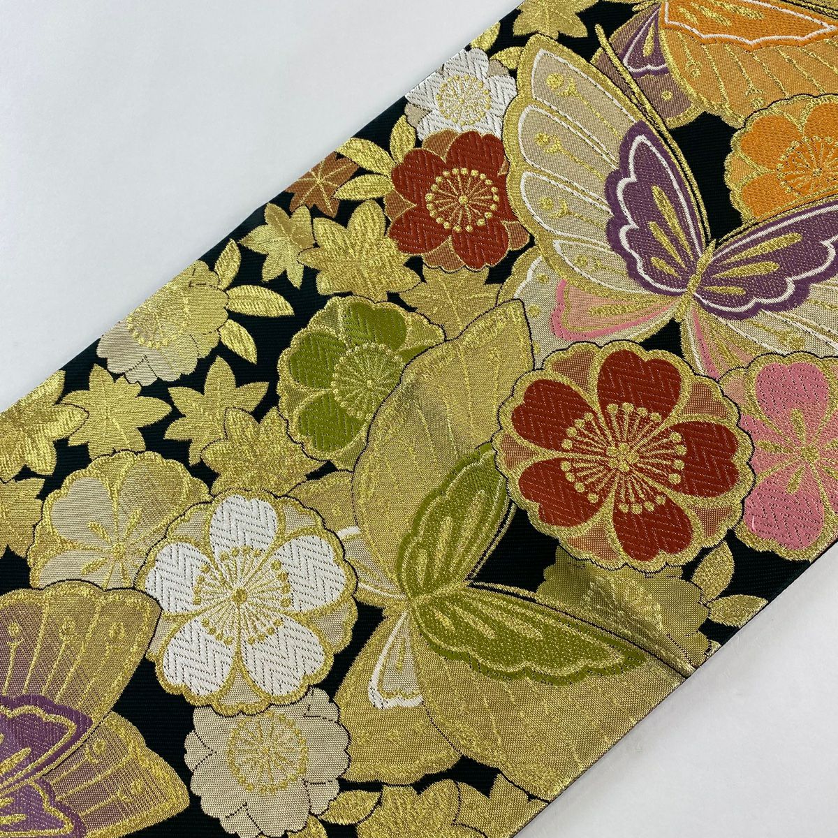 【美品】 袋帶 名品級 蝶 櫻花 金糸 刺繡 黑 六通 純蠶絲