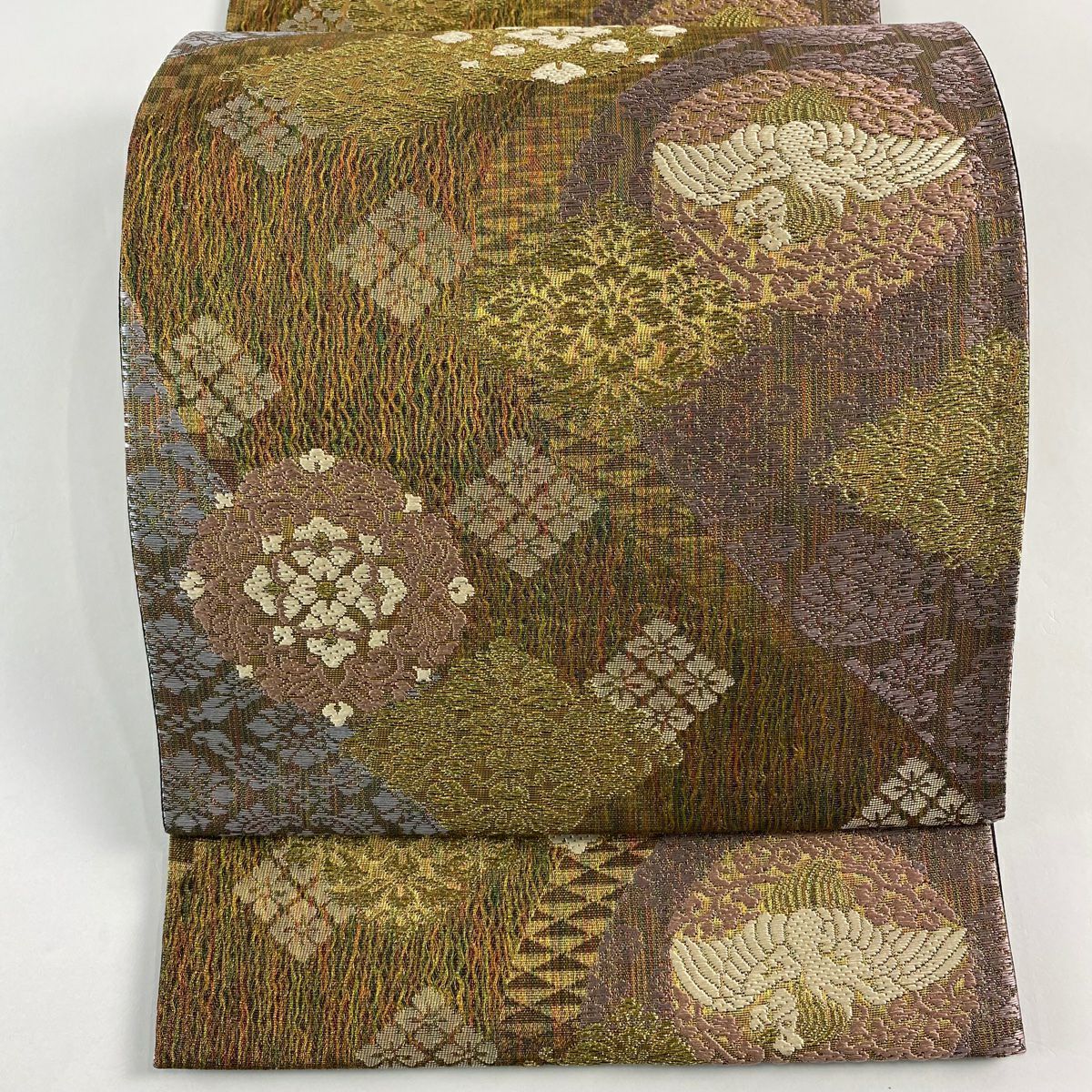 【美品】 袋帶 名品級 花鳥 花菱 金絲 金金箔 金茶 六通 純蠶絲
