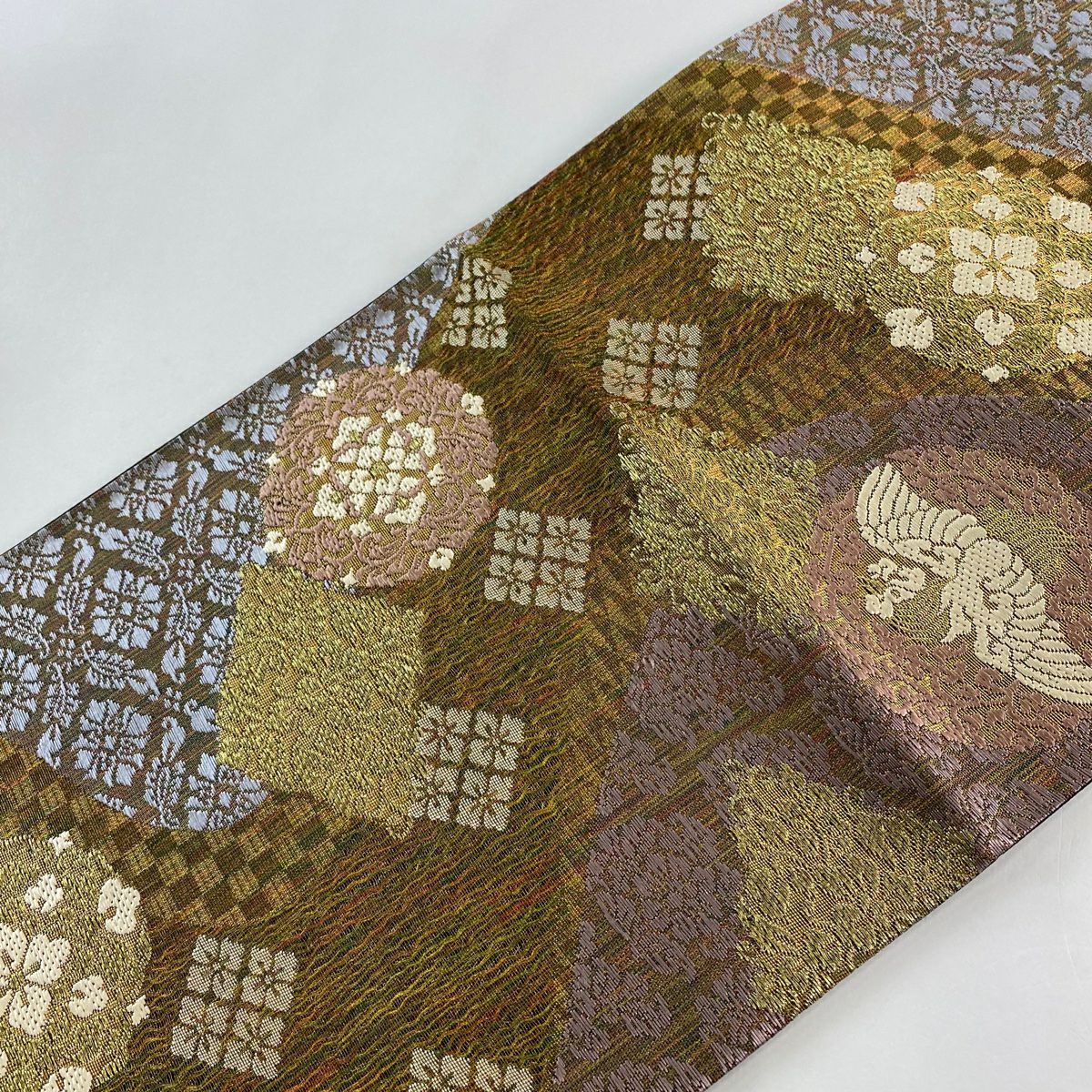 【美品】 袋帶 名品級 花鳥 花菱 金絲 金金箔 金茶 六通 純蠶絲