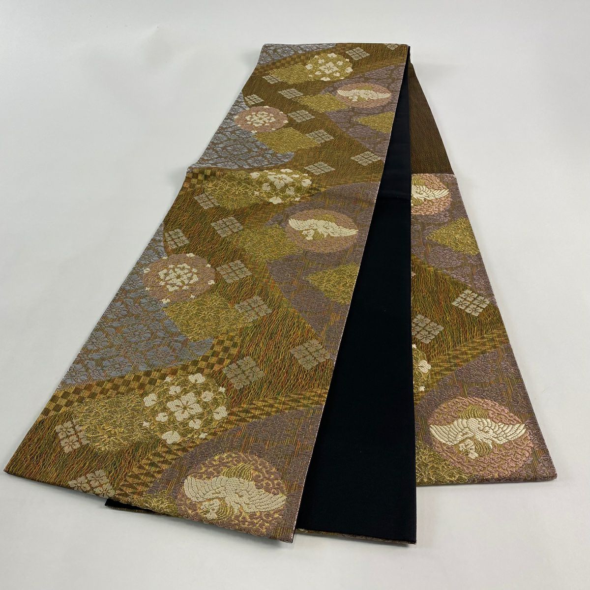 【美品】 袋帶 名品級 花鳥 花菱 金絲 金金箔 金茶 六通 純蠶絲