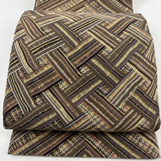【美品】 袋帶 名品級 斜格子 幾何學 金絲 茶 お太鼓圖案 純蠶絲