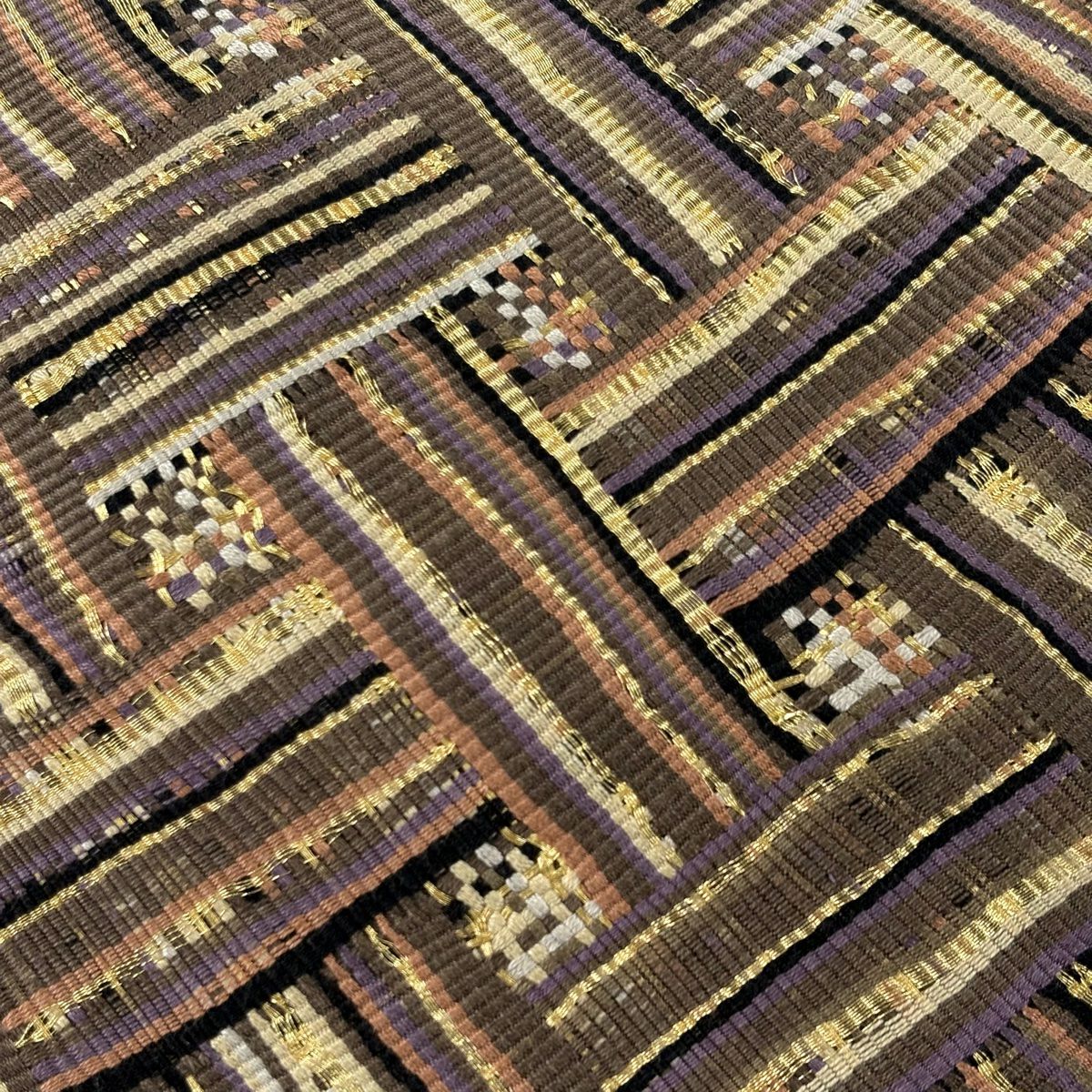 【美品】 袋帶 名品級 斜格子 幾何學 金絲 茶 お太鼓圖案 純蠶絲