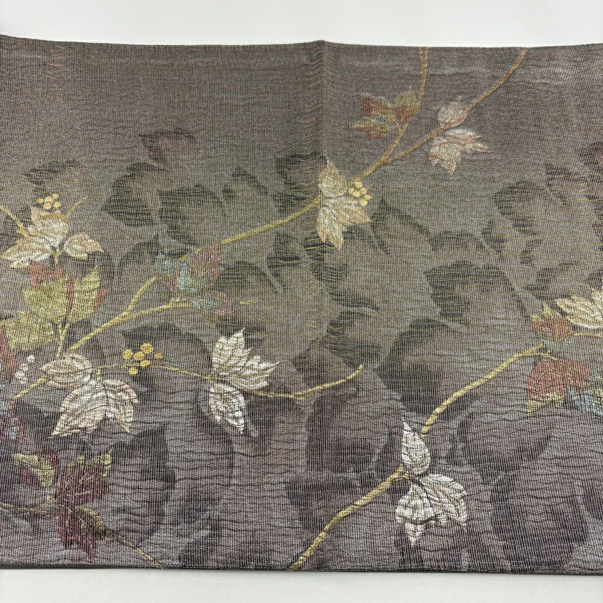 【美品】 袋帶 名品級 葉與實 金金箔 金銀絲 灰紫 六通 純蠶絲