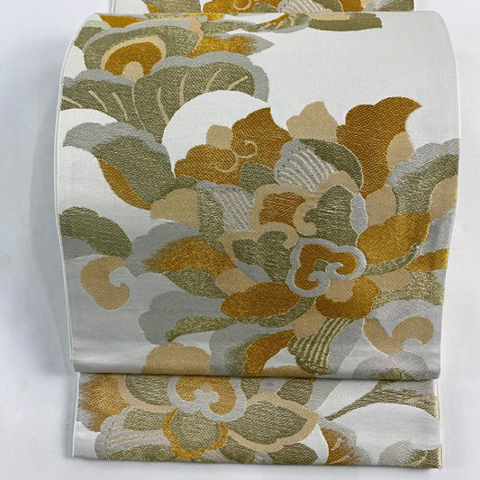 袋帶 名品級 花唐草紋 金銀彩 奶油 六通 純蠶絲