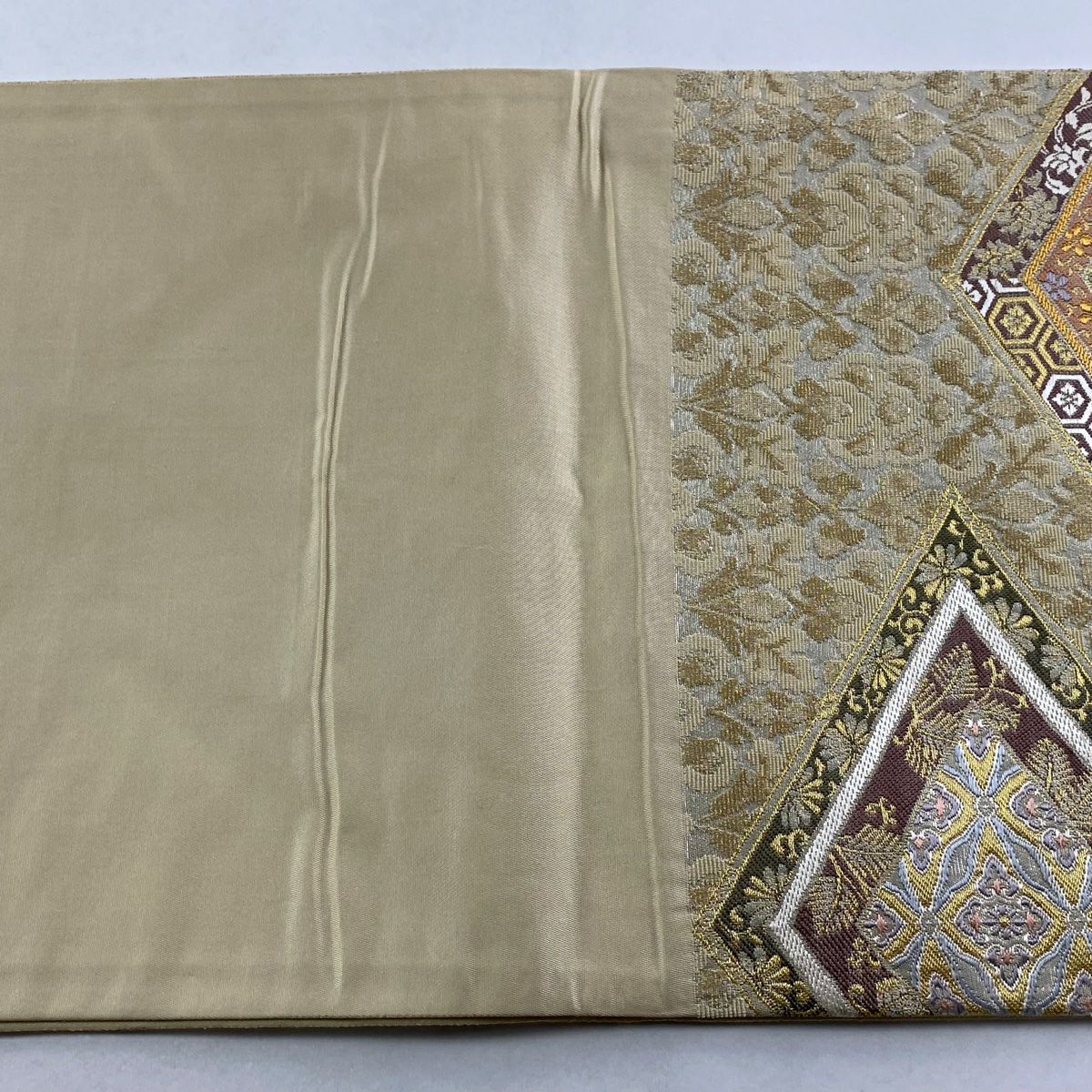 袋帶 名品級 菱紋 桐竹子鳳凰 金絲 金金箔 銀 六通 純蠶絲