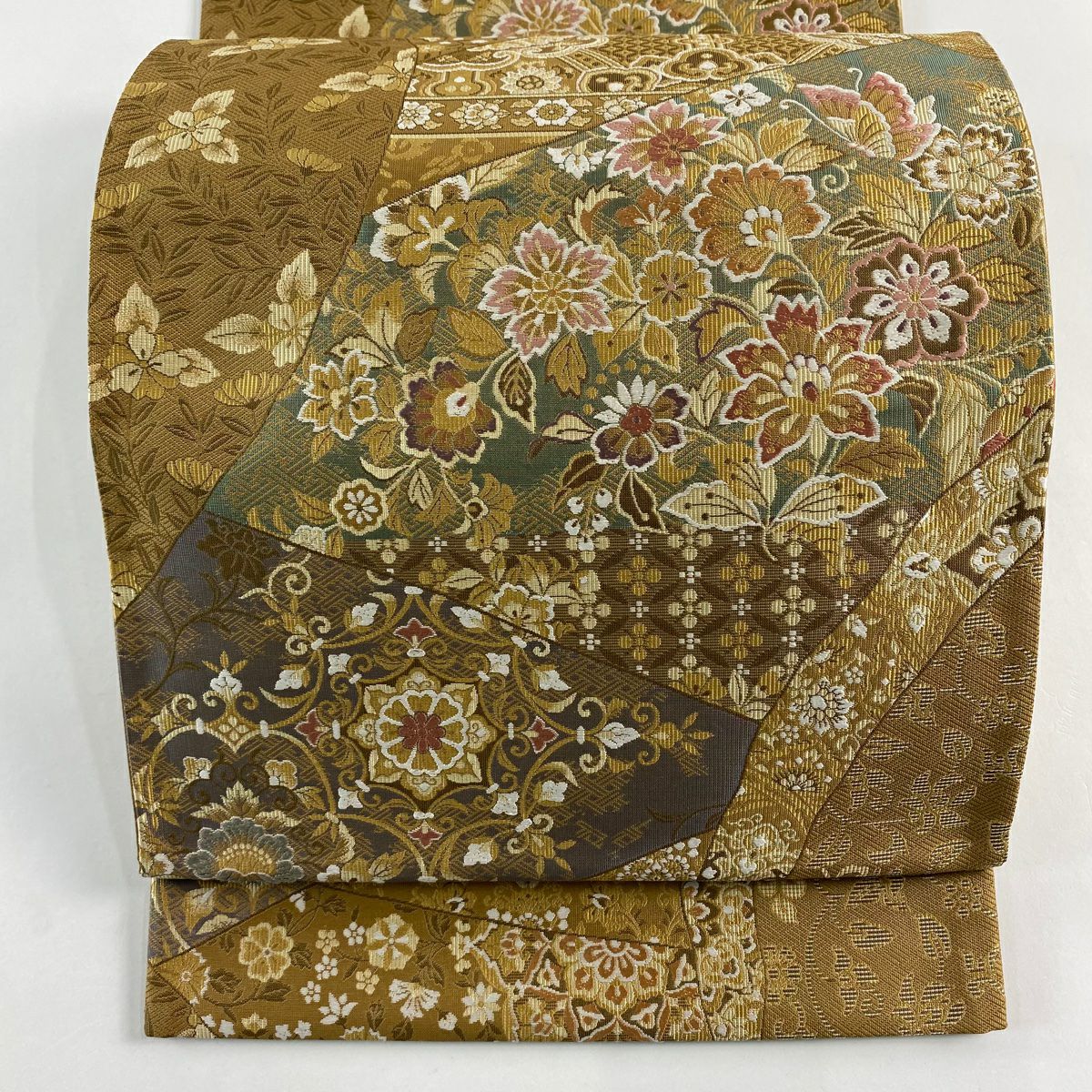【美品】 袋帶 名品級 草花紋紋 黃土 深藍 六通 純蠶絲