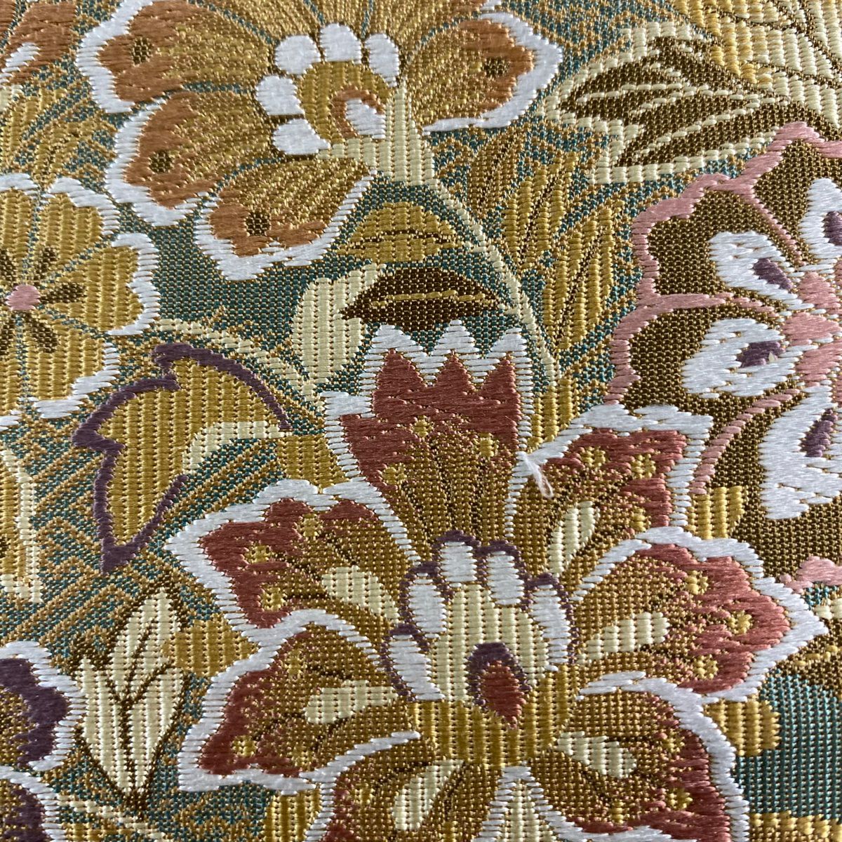 【美品】 袋帶 名品級 草花紋紋 黃土 深藍 六通 純蠶絲