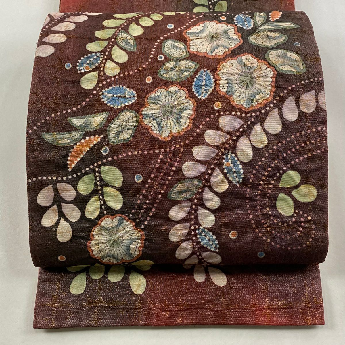 【美品】 袋帶 名品級 附落款 辻花染 金通 紅色 大鼓圖案 純蠶絲