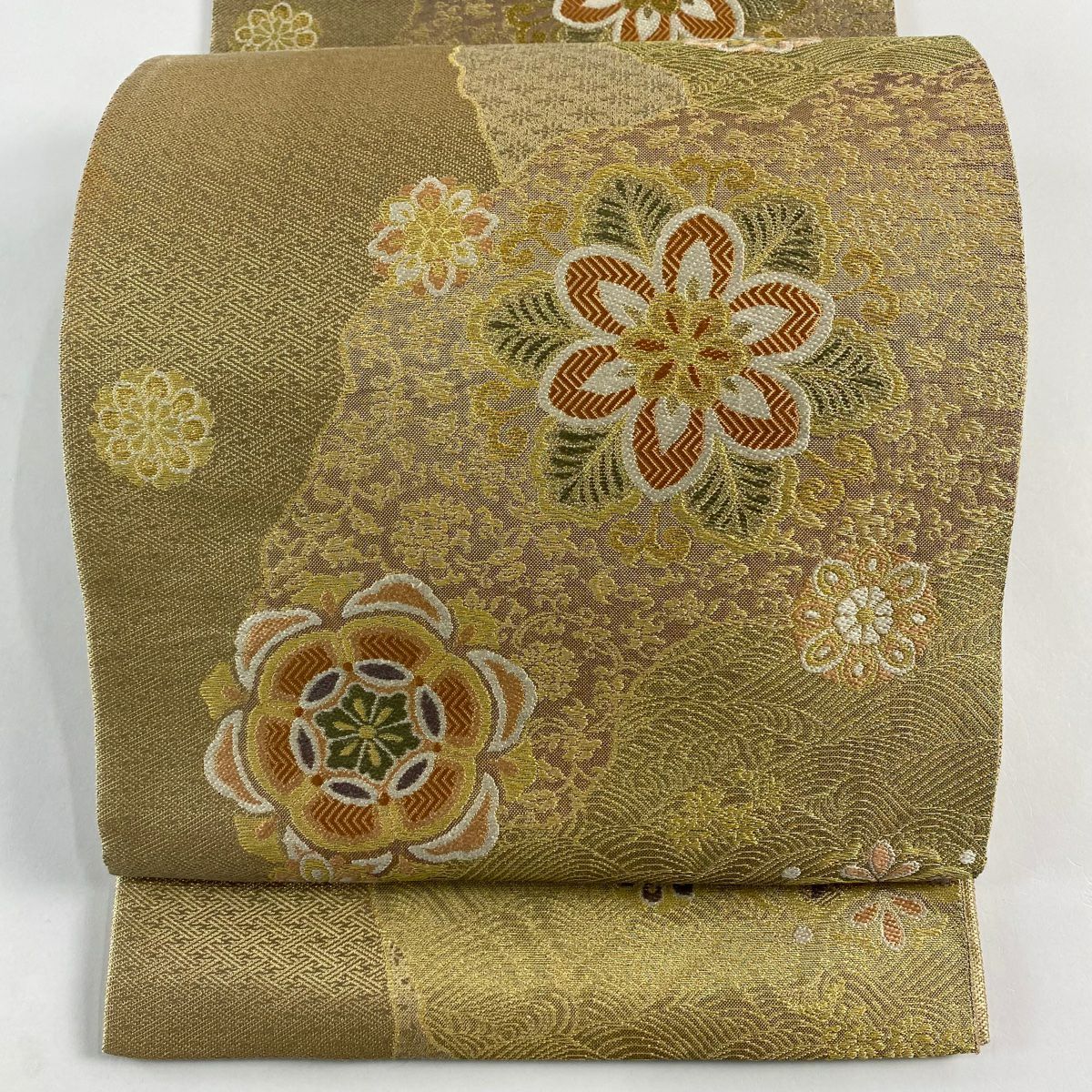 【美品】 袋帶 名品級 華紋 波 金金箔 淺黃 お太鼓圖案 純蠶絲