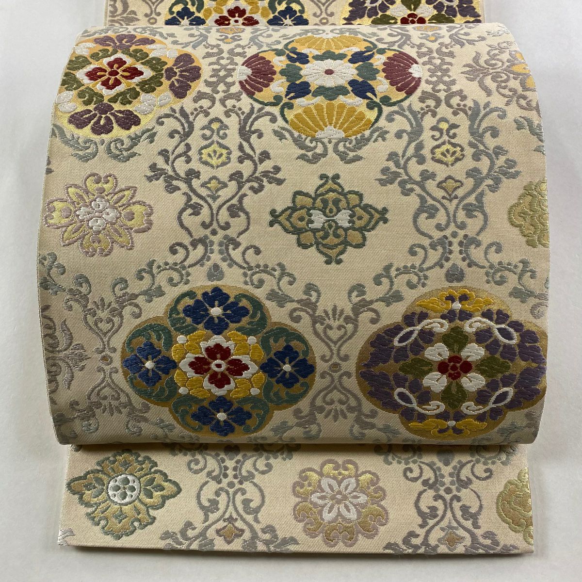 袋帶 名品級 金錦 有職紋樣 唐織 金金箔 米色 六通 純蠶絲