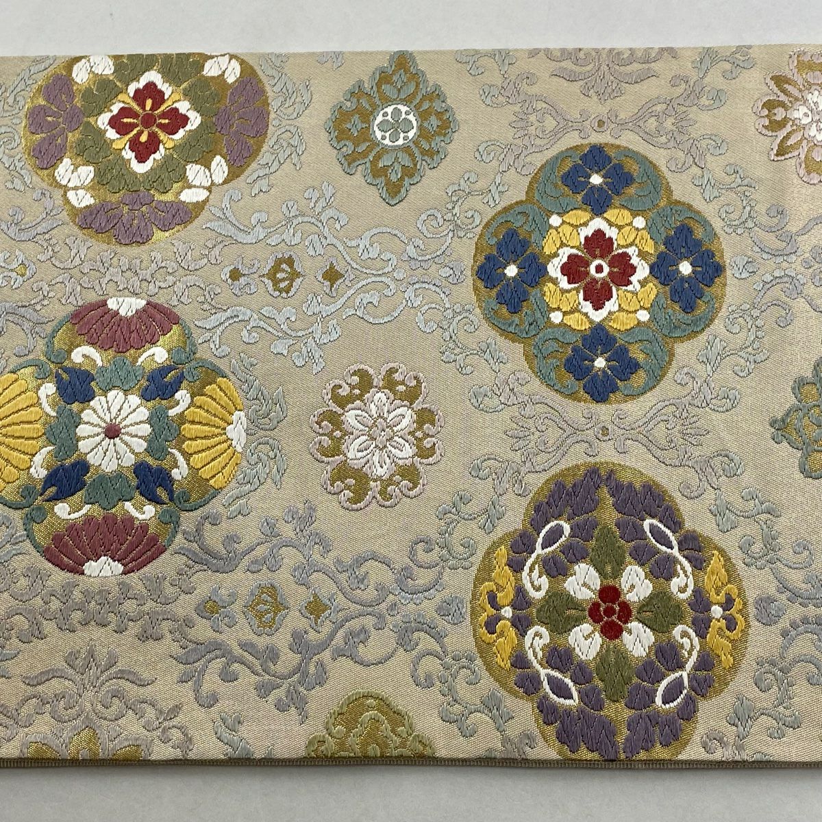袋帶 名品級 金錦 有職紋樣 唐織 金金箔 米色 六通 純蠶絲