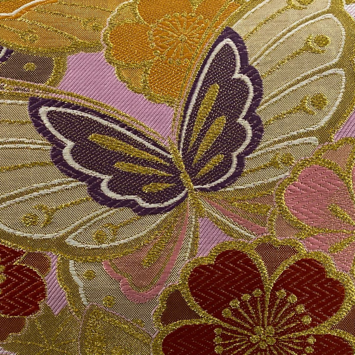 【美品】 袋帶 名品級 蝶 櫻花 唐織 金金箔 粉色 六通 純蠶絲