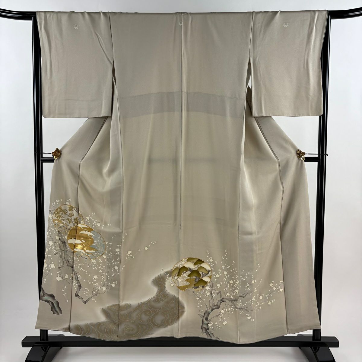 色留袖禮服 身長155cm 袖長65.5cm M 雙層 松樹梅花 仙鶴 金絲 金銀彩 灰茶 純蠶絲 秀品級 三つ紋
