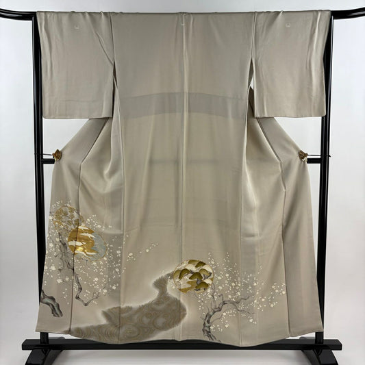 色留袖禮服 身長155cm 袖長65.5cm M 雙層 松樹梅花 仙鶴 金絲 金銀彩 灰茶 純蠶絲 秀品級 三つ紋