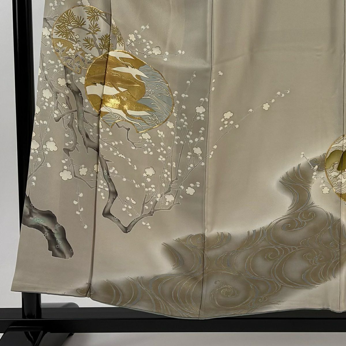 色留袖禮服 身長155cm 袖長65.5cm M 雙層 松樹梅花 仙鶴 金絲 金銀彩 灰茶 純蠶絲 秀品級 三つ紋