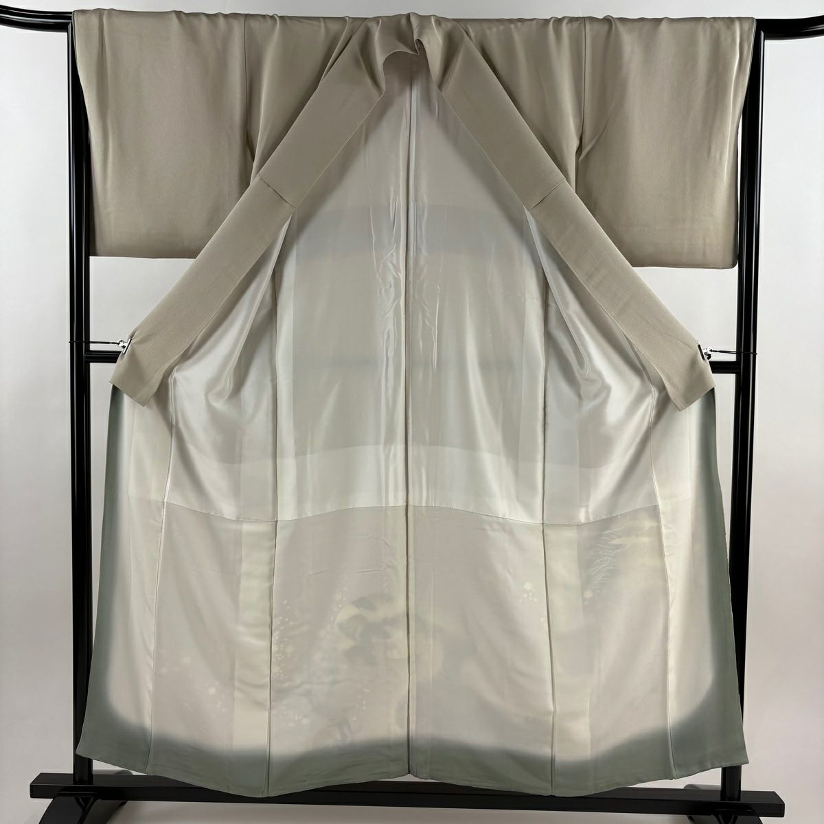 色留袖禮服 身長155cm 袖長65.5cm M 雙層 松樹梅花 仙鶴 金絲 金銀彩 灰茶 純蠶絲 秀品級 三つ紋