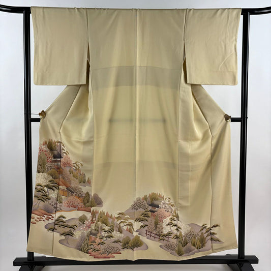 色留袖禮服 身長156cm 袖長62.5cm S 雙層 風景 建物 金銀彩 米色 純蠶絲 秀品級 一個紋