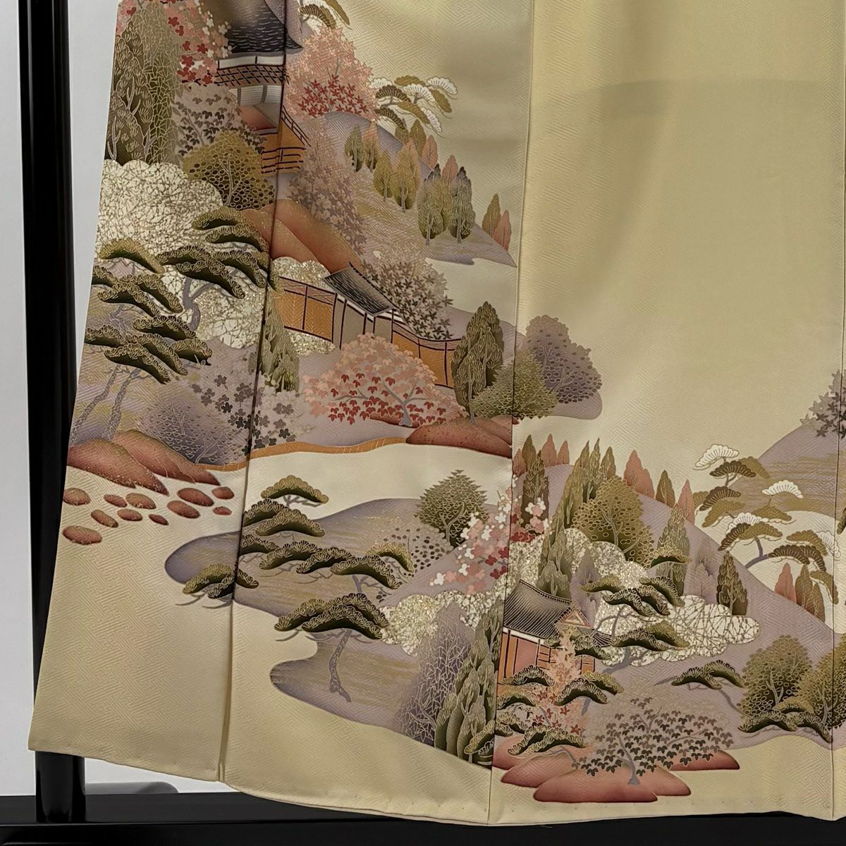 色留袖禮服 身長156cm 袖長62.5cm S 雙層 風景 建物 金銀彩 米色 純蠶絲 秀品級 一個紋