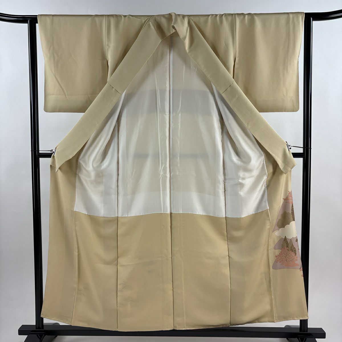 色留袖禮服 身長156cm 袖長62.5cm S 雙層 風景 建物 金銀彩 米色 純蠶絲 秀品級 一個紋