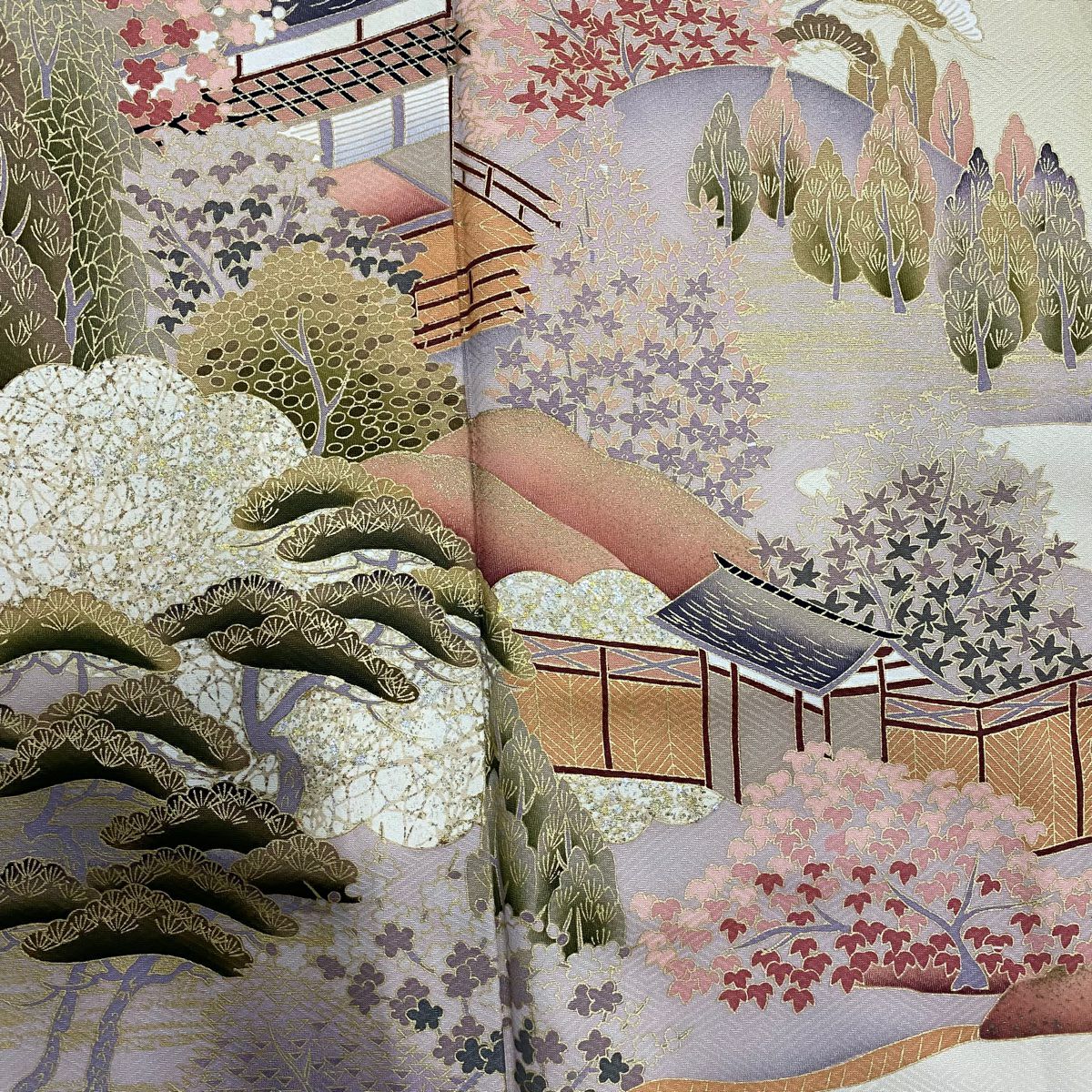 色留袖禮服 身長156cm 袖長62.5cm S 雙層 風景 建物 金銀彩 米色 純蠶絲 秀品級 一個紋