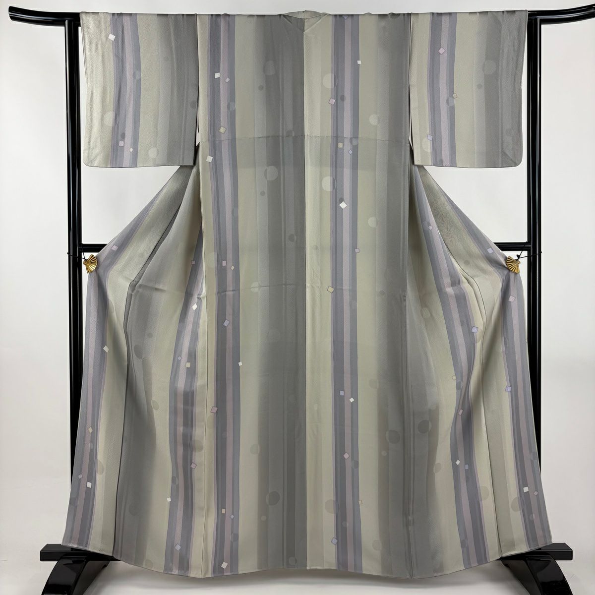 【美品】 小紋 身長159.5cm 袖長63cm S 雙層 縞 四角 灰綠 純蠶絲 秀品級