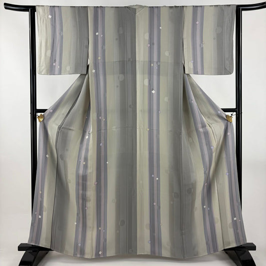【美品】 小紋 身長159.5cm 袖長63cm S 雙層 縞 四角 灰綠 純蠶絲 秀品級