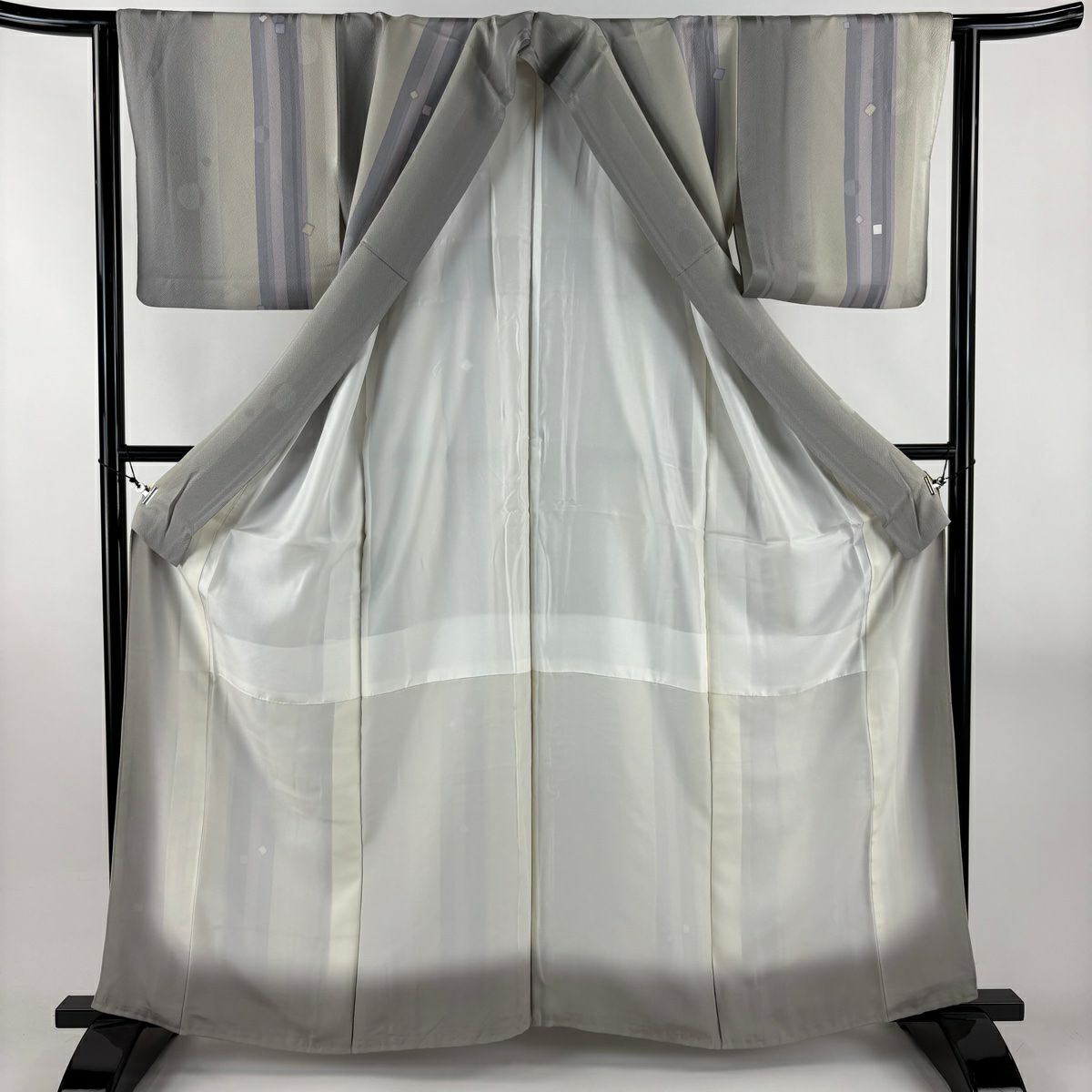 【美品】 小紋 身長159.5cm 袖長63cm S 雙層 縞 四角 灰綠 純蠶絲 秀品級