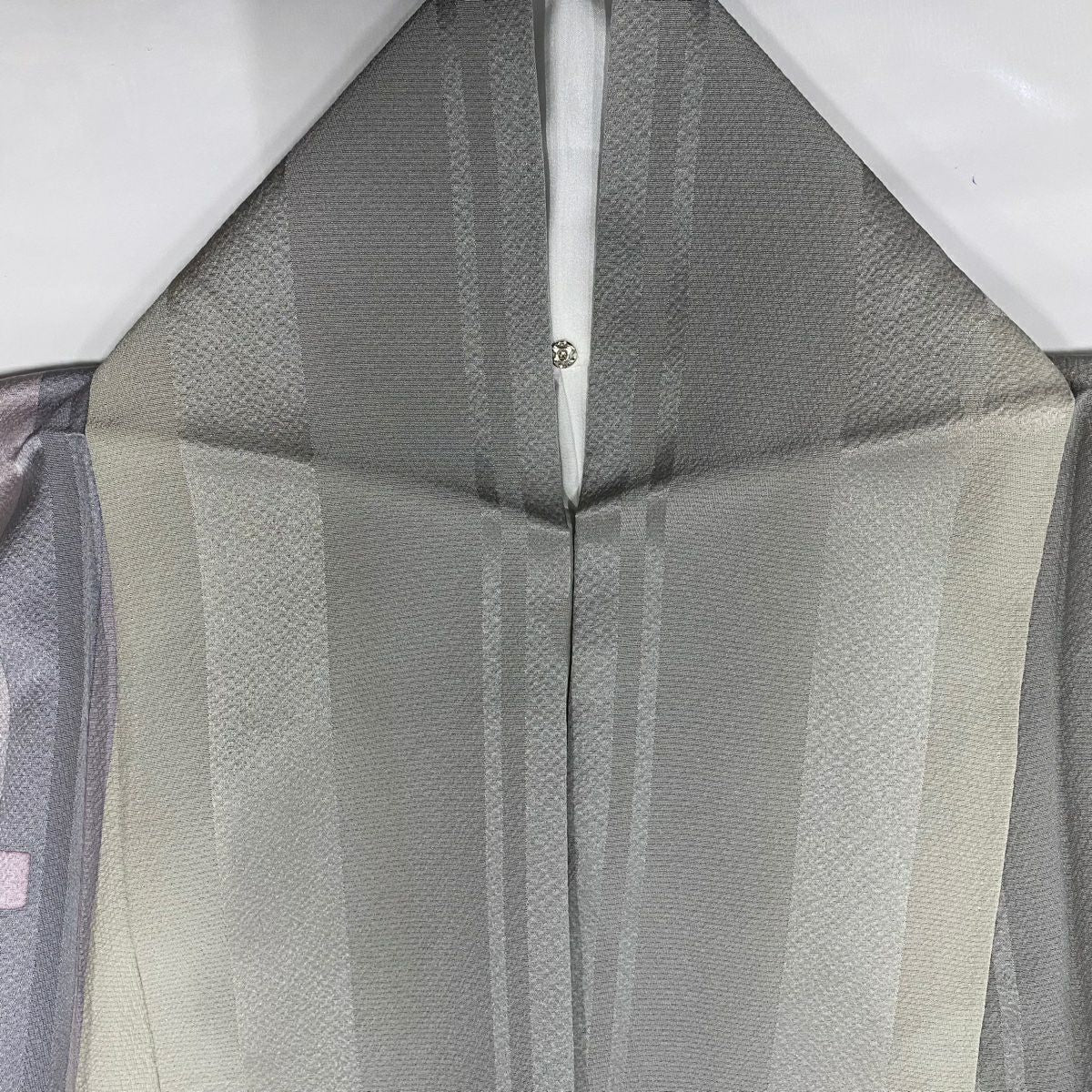 【美品】 小紋 身長159.5cm 袖長63cm S 雙層 縞 四角 灰綠 純蠶絲 秀品級