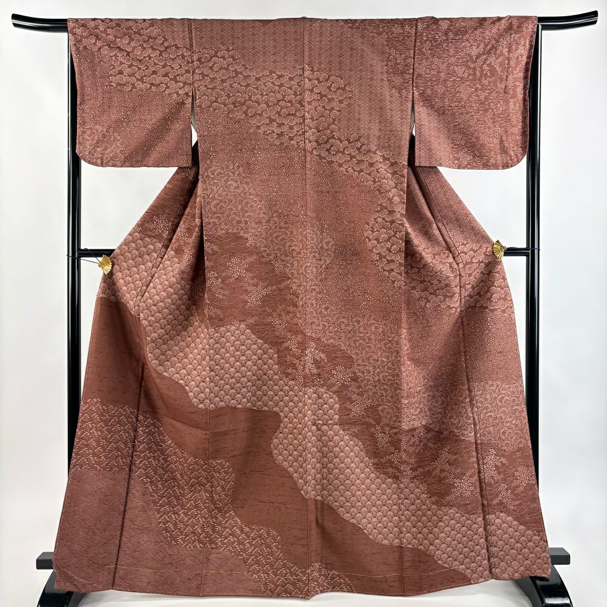 【美品】訪問服 身長166.5cm 袖長64.5cm M 雙層 紬織織 波 菊花青海波 茶 純蠶絲 秀品級