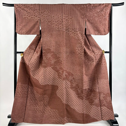 【美品】訪問服 身長166.5cm 袖長64.5cm M 雙層 紬織織 波 菊花青海波 茶 純蠶絲 秀品級